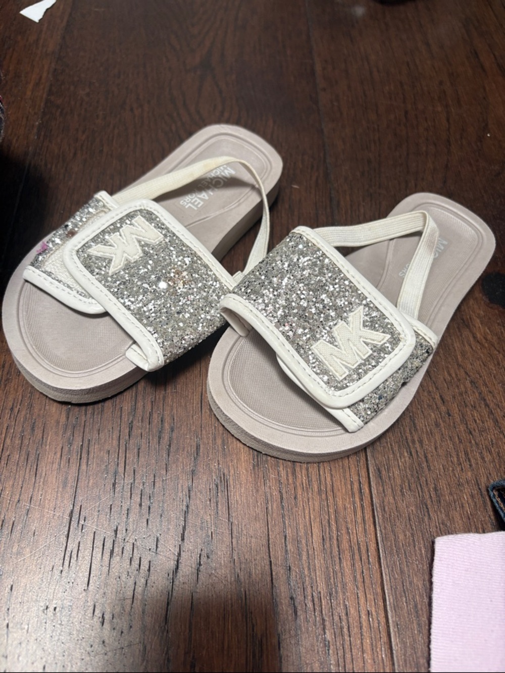 Michael Kors Sparkle Slide Sandals in Silver and Beige